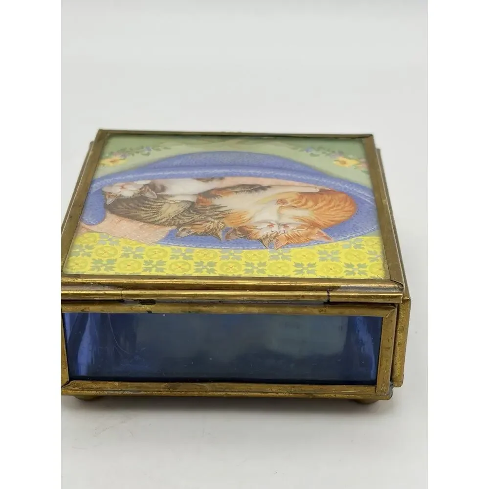 Vtg Via Vermont Stained Glass & Brass Mirrored Sleeping Cats Jewelry Trinket Box